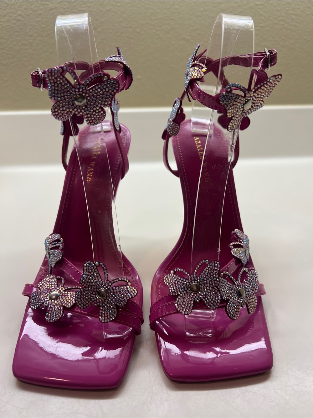 Crystal Butterfly Ankle-Strap Heels in Fuchsia